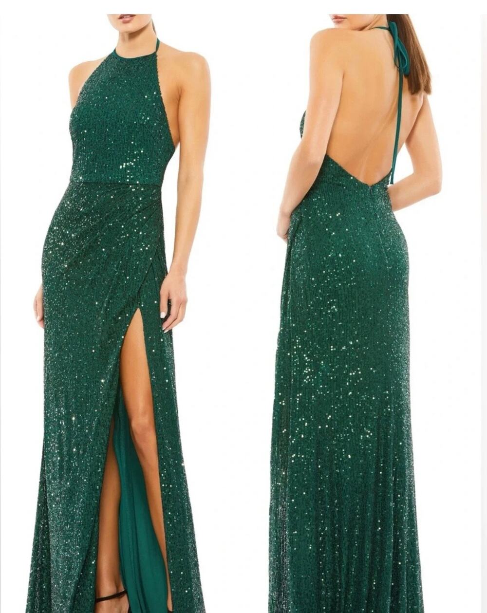 Mac Duggal A26622 Green Sequin Open Back Halter Neck Gown – Size 14